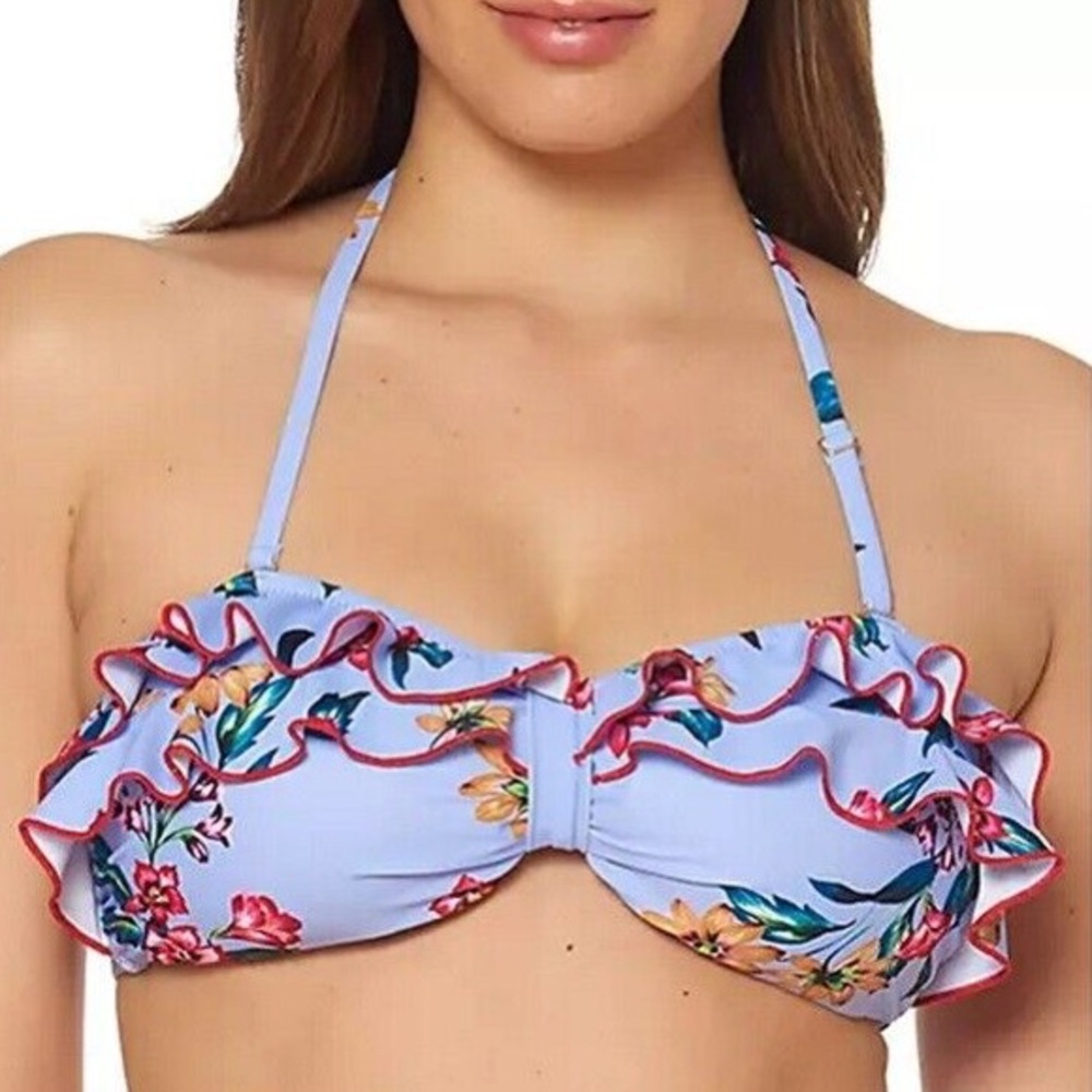 Jessica Simpson Lilac Floral Printed Ruffle Bandeau Bikini Top Size Small